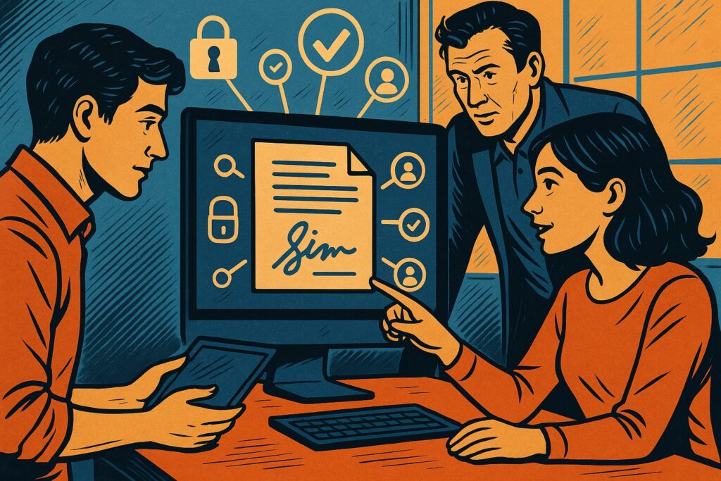 Tre professionisti in ufficio discutono la firma elettronica su un documento digitale, in stile fumetto vintage italiano con colori arancione e blu.