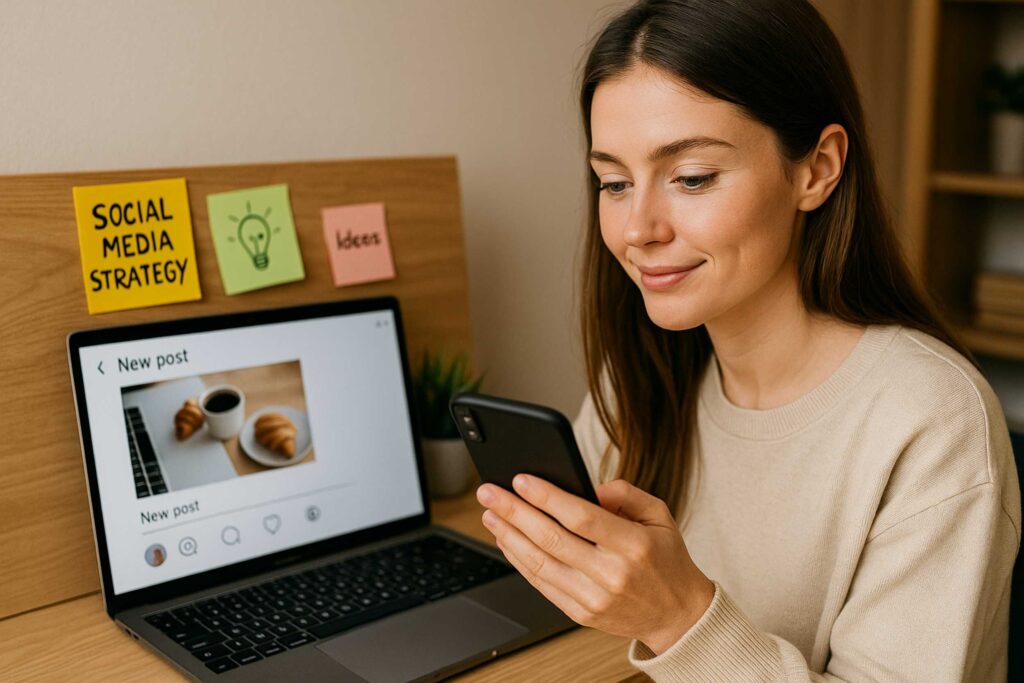 Donna caucasica in home office crea contenuti social con l’aiuto dell’intelligenza artificiale su laptop e smartphone
