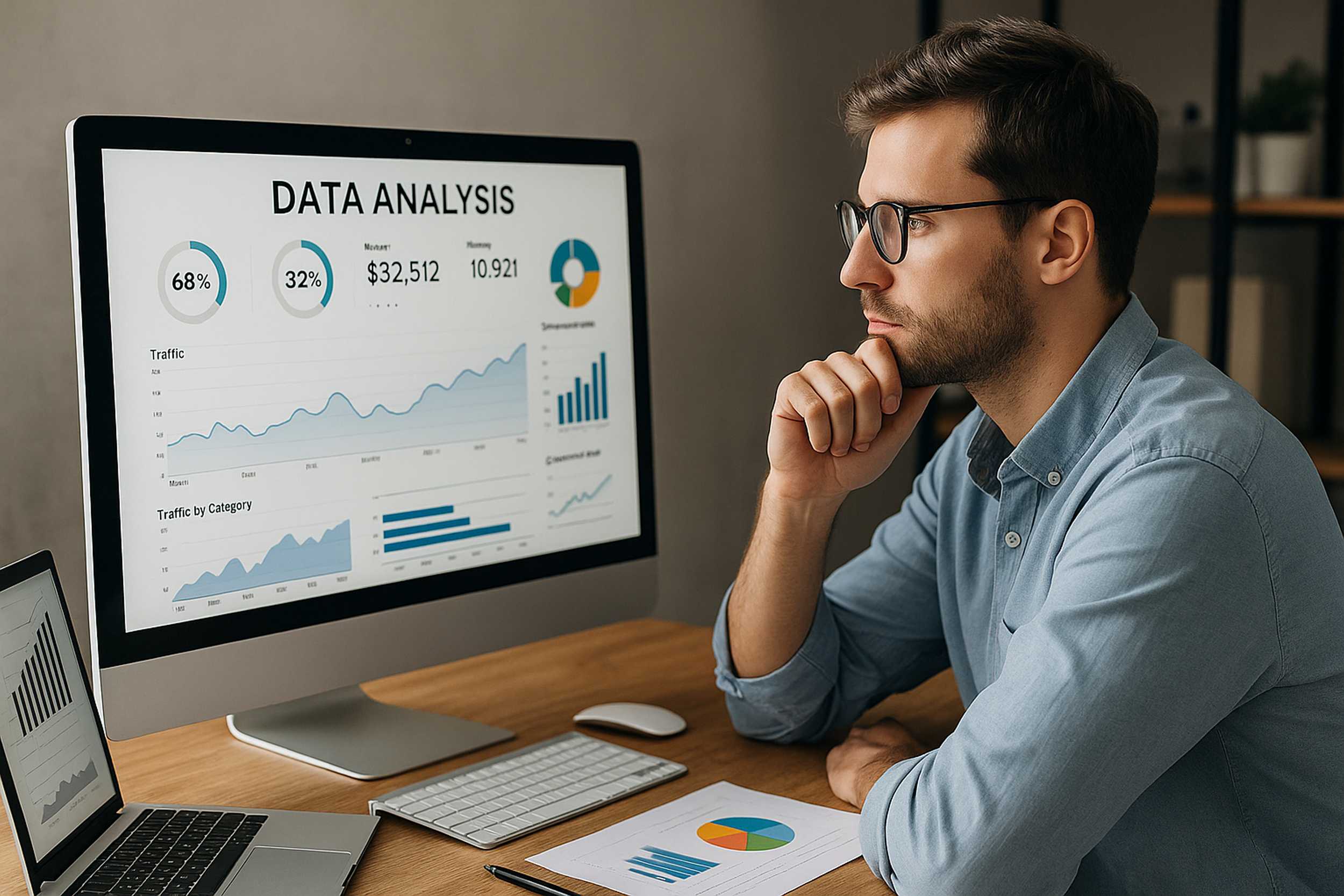 Giovane imprenditore analizza i dati di marketing sul laptop per prendere decisioni strategiche basate su informazioni reali