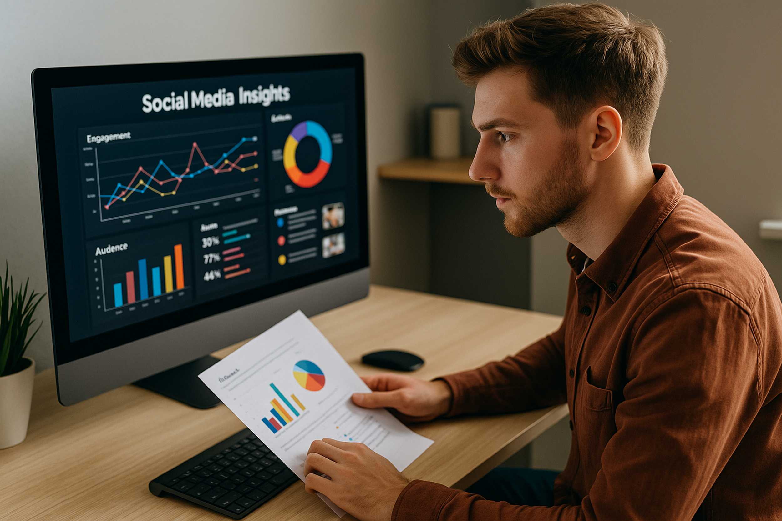 Giovane imprenditore osserva un monitor con grafici di insight e statistiche social per migliorare la strategia di marketing