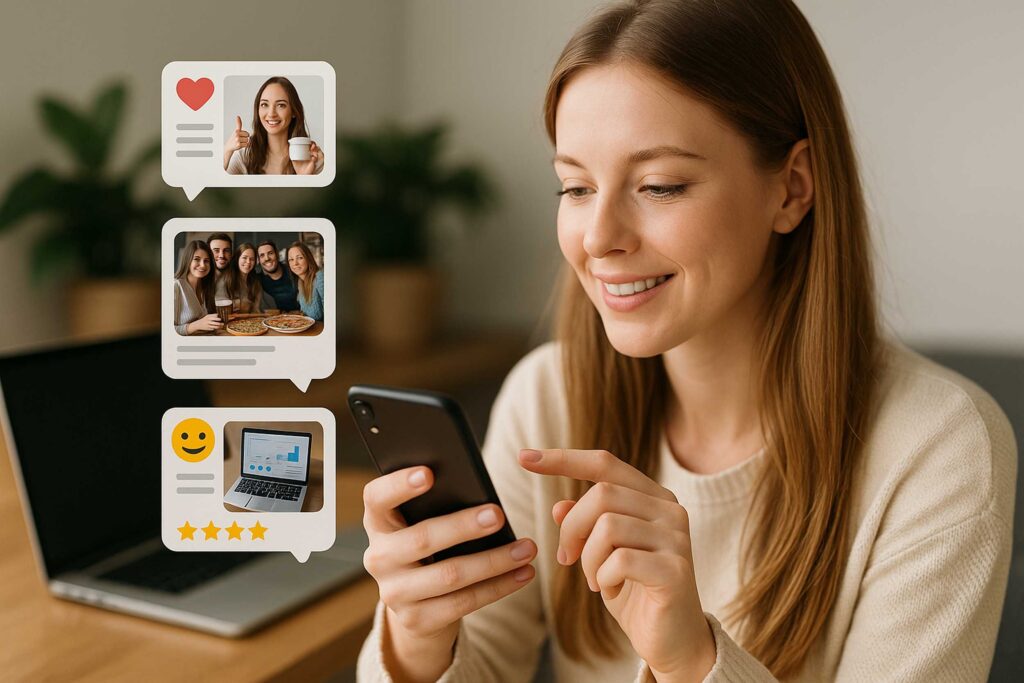 Giovane donna caucasica crea contenuti social da casa con smartphone e laptop, rappresentazione del content marketing basato su UGC