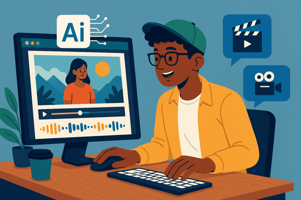 Giovane imprenditore al computer mentre realizza un video con strumenti AI