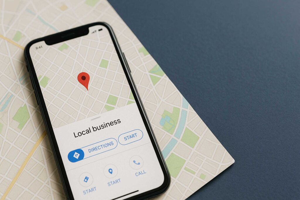 Smartphone con mappa aperta, segnaposto rossi e sfondo urbano sfocato, simbolo della SEO locale nel 2025