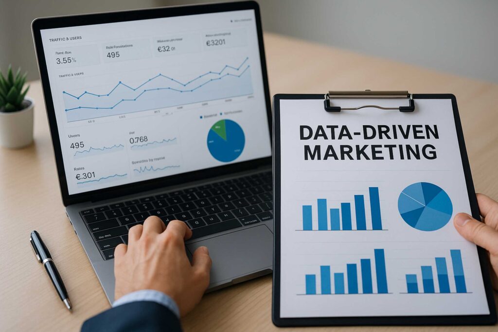 Analista digitale al lavoro su laptop con dashboard e grafici di marketing data-driven