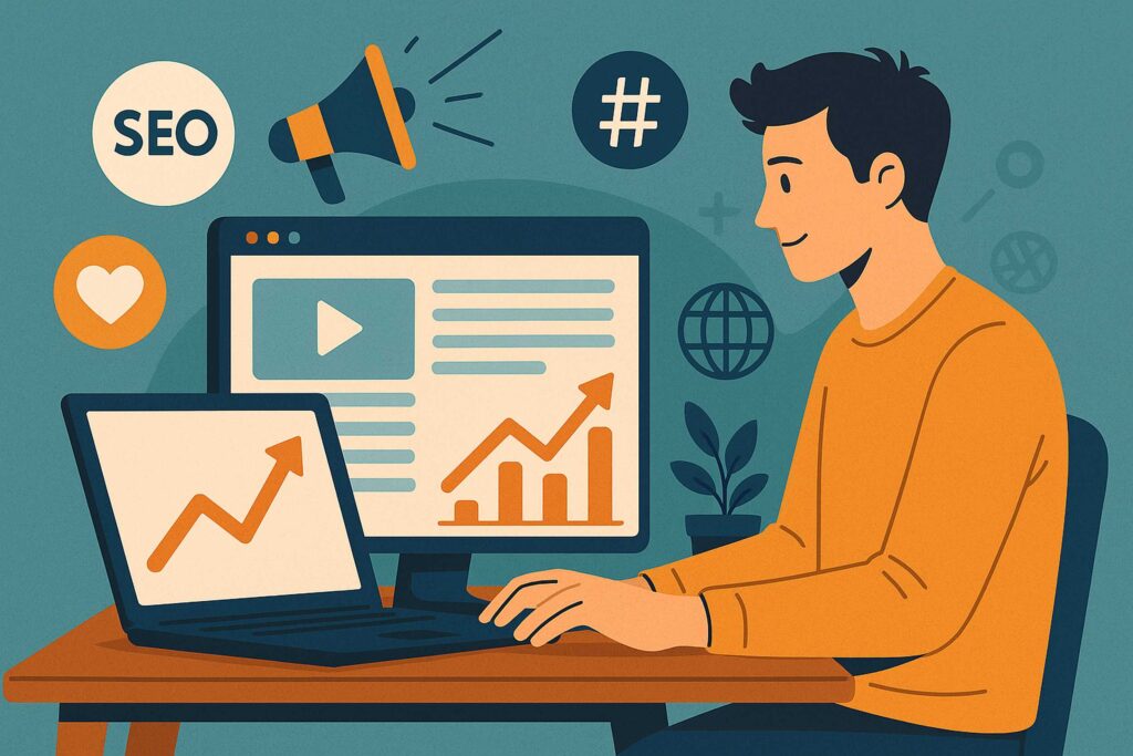 Giovane imprenditore davanti a due schermi che mostrano grafici e contenuti digitali legati a SEO e social media