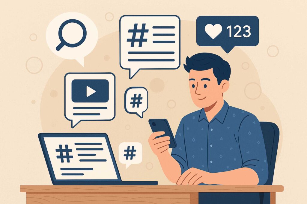 Giovane social media manager analizza la strategia dei post su uno schermo con icone di social network