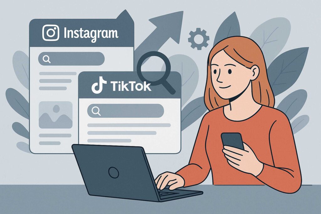Giovane professionista analizza i dati dei social media su uno smartphone, con focus su Instagram e TikTok