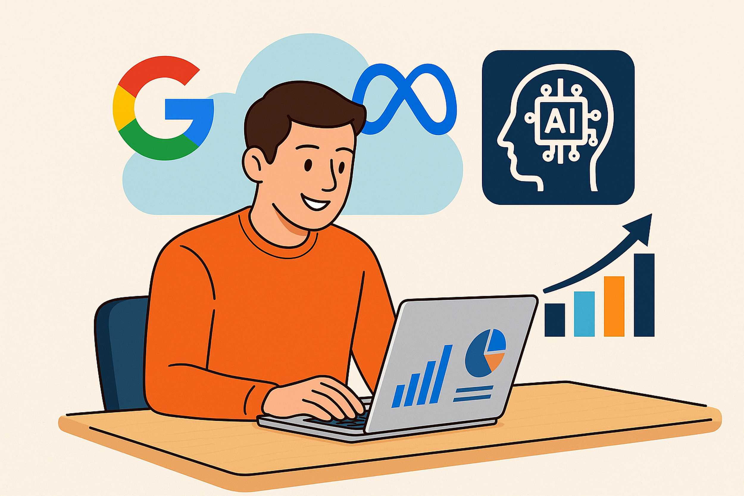 Giovane imprenditore felice davanti a dashboard con dati pubblicitari su schermo, simbolo del successo delle campagne digitali per PMI