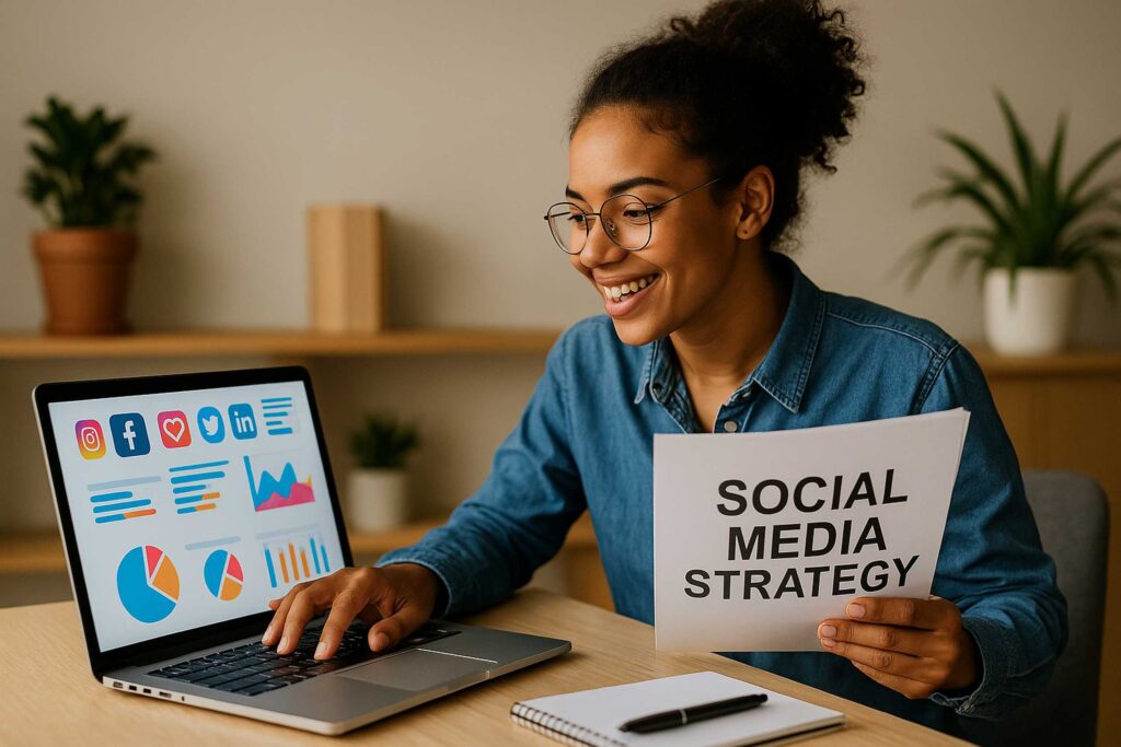 Giovane donna analizza strategia social su laptop con grafici e icone di Instagram, Facebook, LinkedIn e Twitter