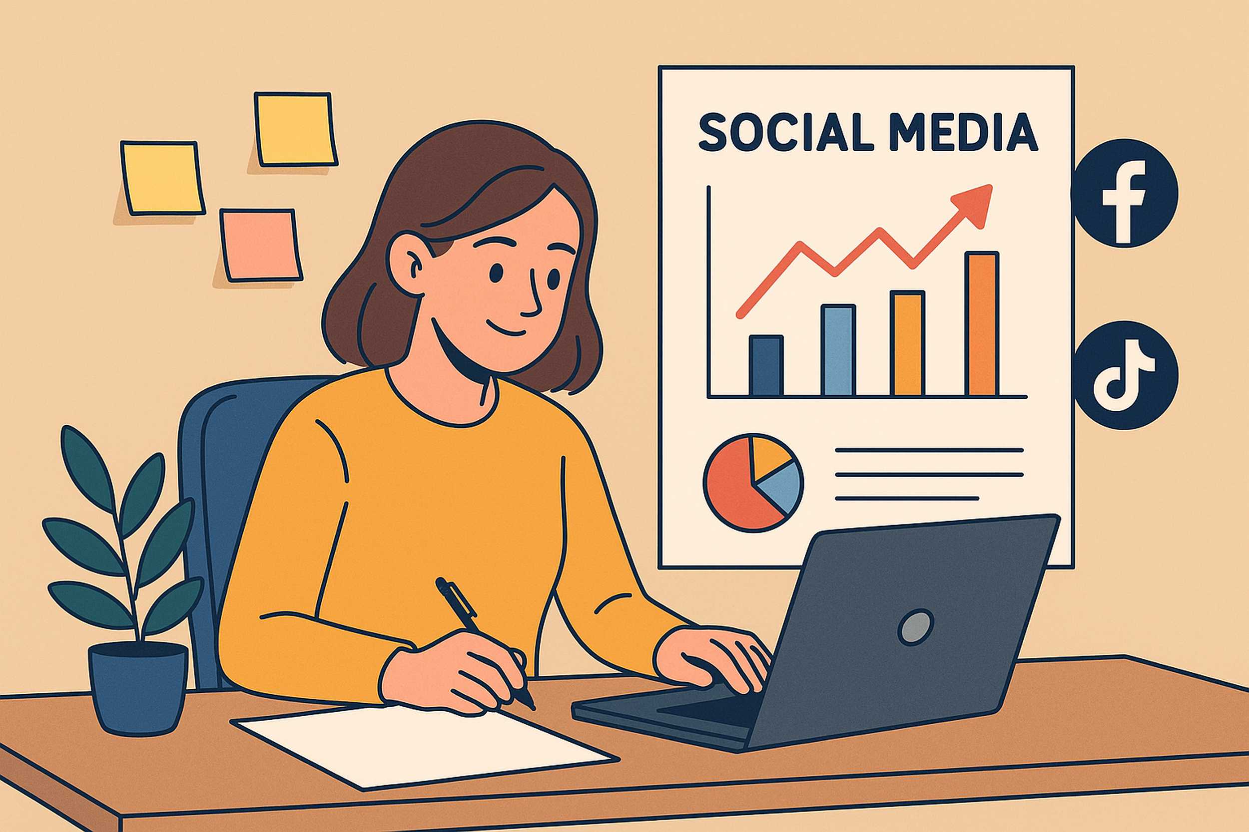 Illustrazione di una giovane imprenditrice al lavoro sulla strategia social, con laptop e icone di social network