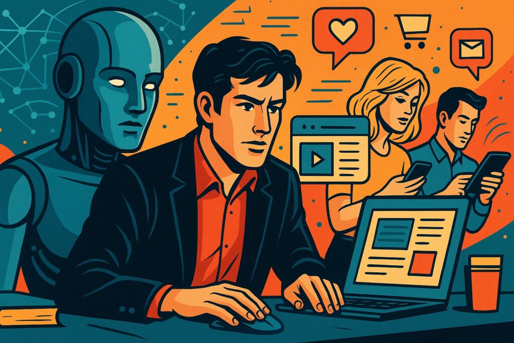 Illustrazione in stile fumetto italiano che raffigura l’integrazione dell’AI generativa nella strategia di contenuti di un brand, con figure professionali e un robot in un ambiente digitale moderno.