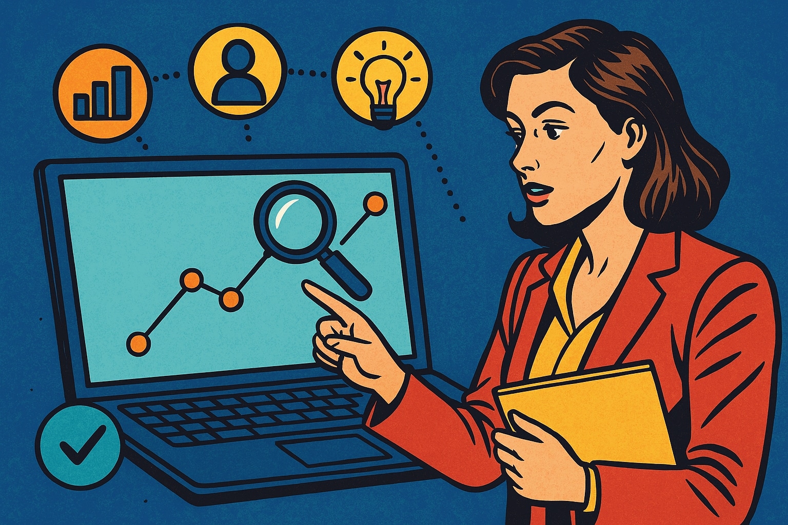 Illustrazione in stile fumetto italiano che raffigura una professionista che analizza dati predittivi su un laptop, simbolo del marketing predittivo e dell’uso dell’intelligenza artificiale per anticipare i bisogni dei clienti.