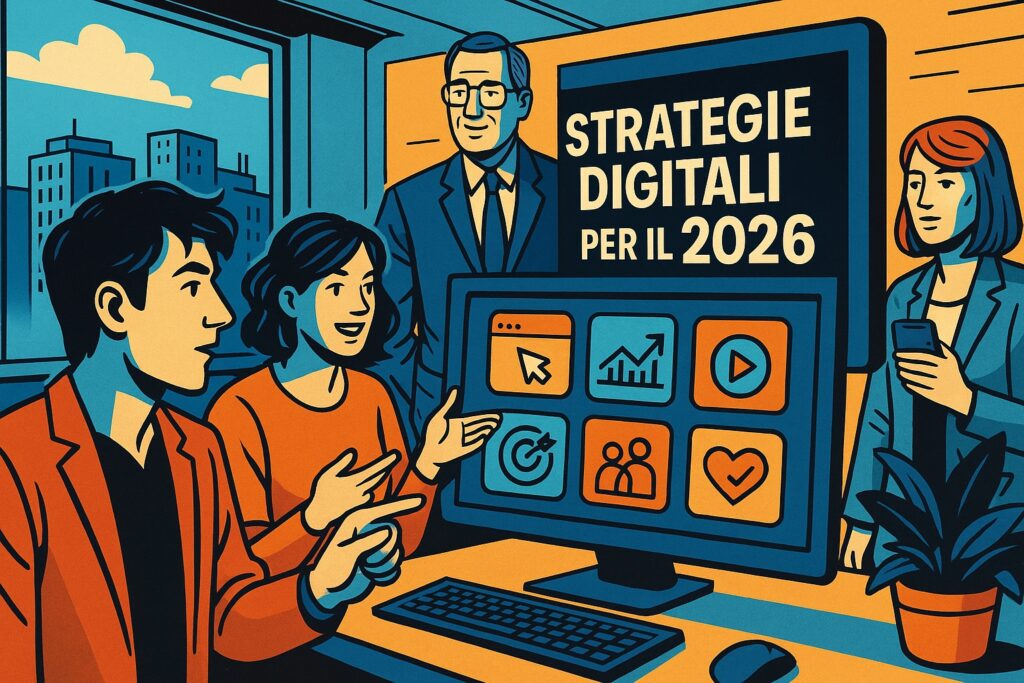 Illustrazione widescreen in stile fumetto italiano che raffigura un team di professionisti che lavora su uno schermo con icone digitali, rappresentando le strategie per rinnovare la presenza online nel 2026.