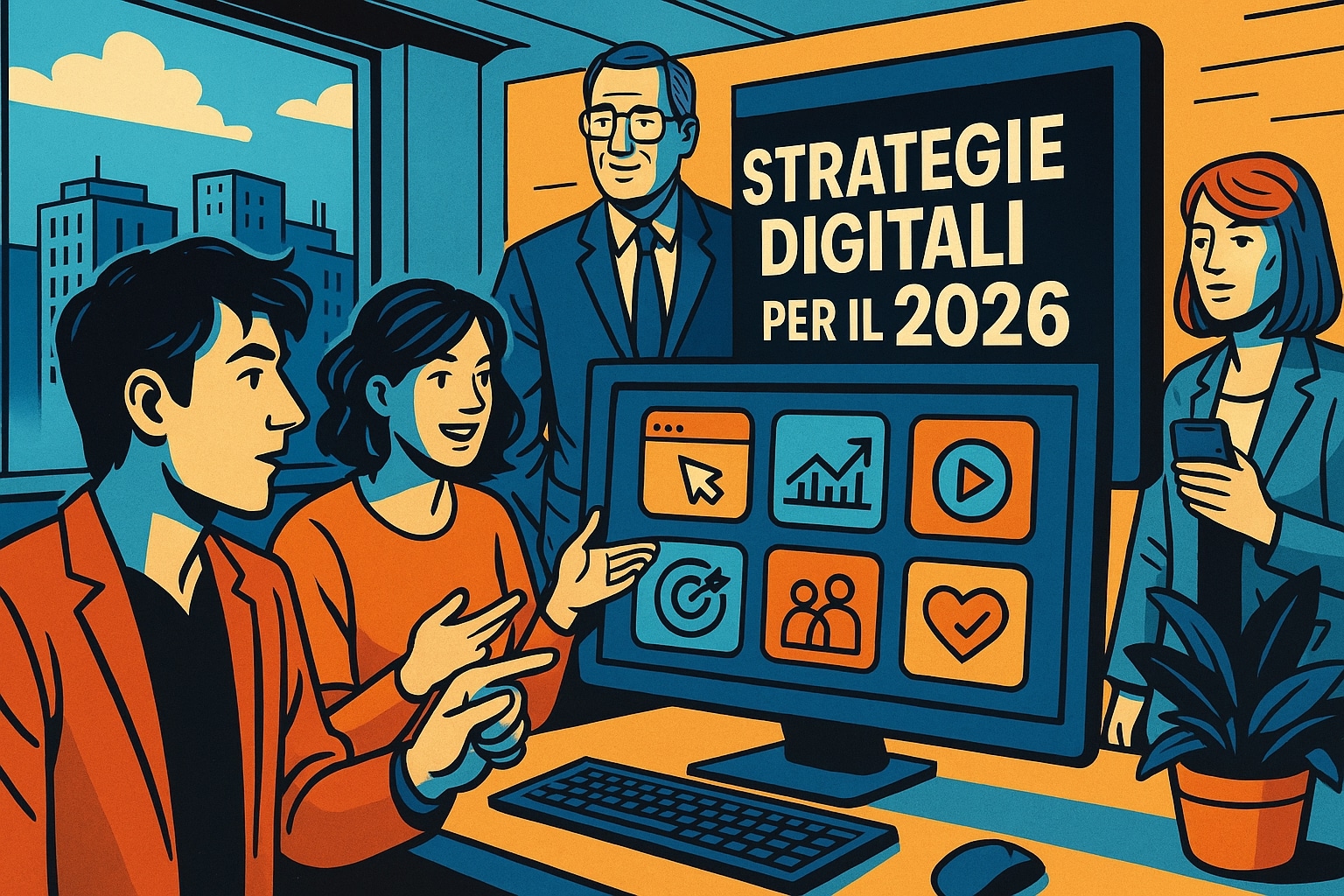Illustrazione widescreen in stile fumetto italiano che raffigura un team di professionisti che lavora su uno schermo con icone digitali, rappresentando le strategie per rinnovare la presenza online nel 2026.