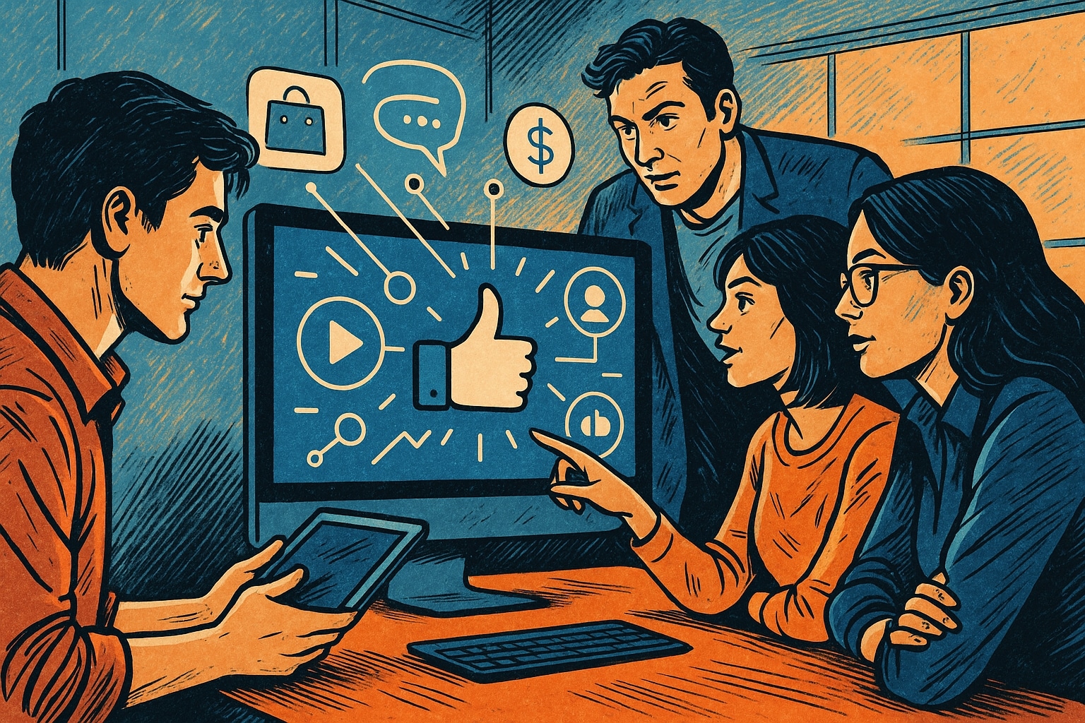 Illustrazione in stile fumetto italiano che rappresenta quattro professionisti social media in un ambiente digitale immersivo con pannelli, feed, icone social e schermi interattivi, simbolo delle strategie di social media marketing nel 2026.