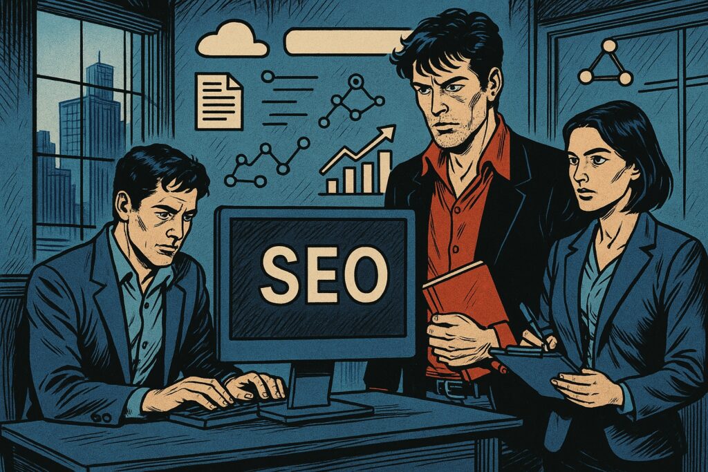Illustrazione in stile Dylan Dog che rappresenta l’evoluzione della SEO nel 2026, con professionisti che analizzano dati e strategie digitali in un’atmosfera tecnologica e misteriosa.