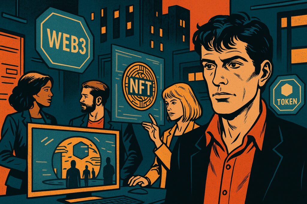 Illustrazione in stile fumetto italiano che rappresenta un gruppo di professionisti in un ambiente urbano futuristico, circondati da ologrammi con scritte Web3, NFT e Token, simbolo del marketing del futuro e della trasformazione digitale.
