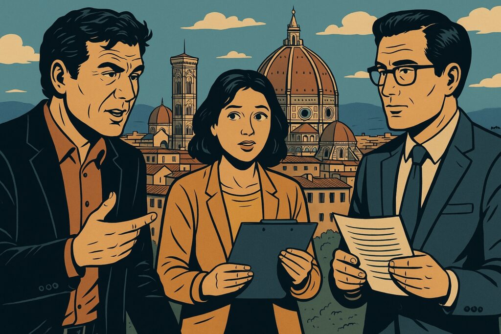 Illustrazione fumetto: tre imprenditori discutono strategie di marketing con il Duomo di Firenze sullo sfondo