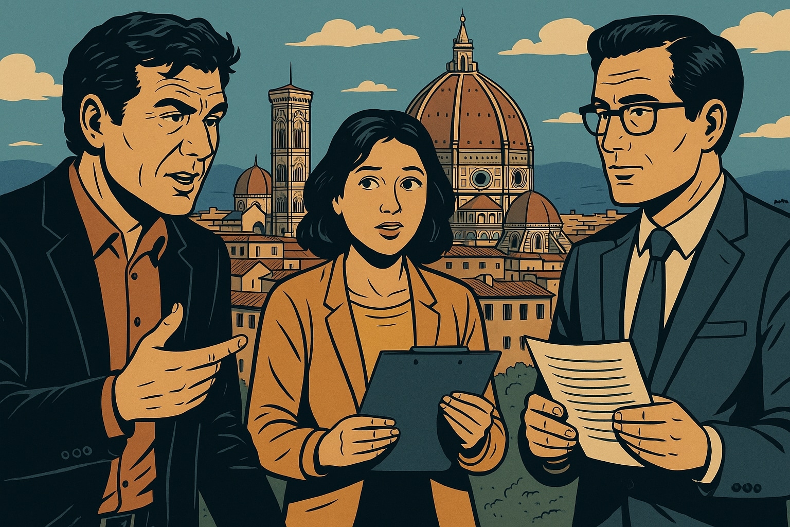 Illustrazione fumetto: tre imprenditori discutono strategie di marketing con il Duomo di Firenze sullo sfondo