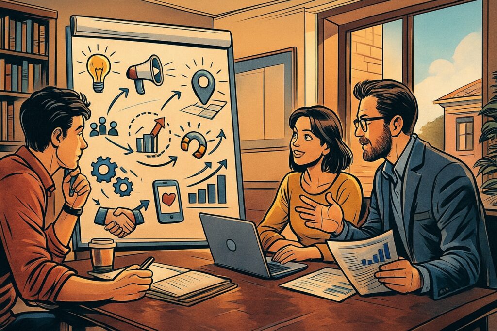 Illustrazione in stile fumetto italiano di un gruppo di piccoli imprenditori toscani al lavoro con laptop e icone digitali, sullo sfondo panoramico di Firenze