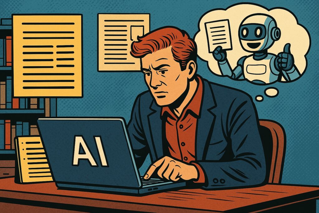 Illustrazione fumettistica italiana che mostra un creatore di contenuti con laptop e pannelli digitali, simbolo dell'automazione AI nella scrittura di blog.