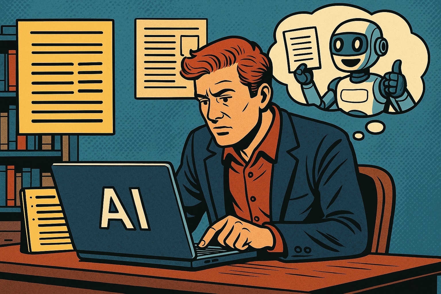 Illustrazione fumettistica italiana che mostra un creatore di contenuti con laptop e pannelli digitali, simbolo dell'automazione AI nella scrittura di blog.