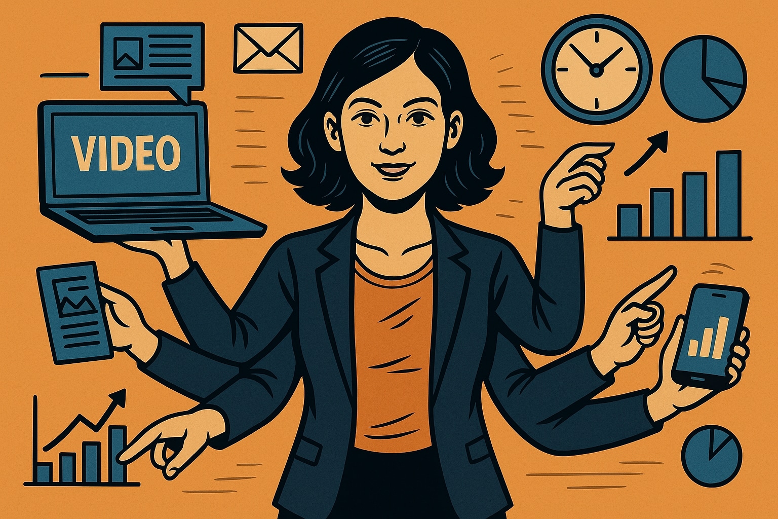 Immagine in stile fumetto di una donna d’affari con più braccia intenta a gestire contemporaneamente diversi media e contenuti digitali