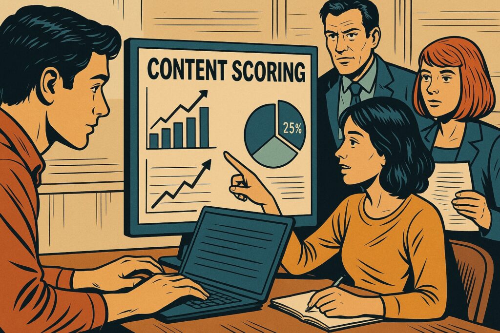 Illustrazione in stile fumetto italiano con team marketing che analizza e assegna punteggi ai contenuti digitali su dashboard e lavagne digitali.