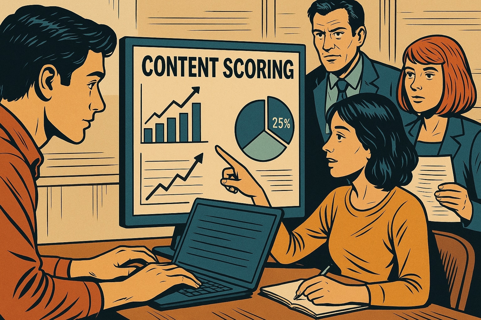 Illustrazione in stile fumetto italiano con team marketing che analizza e assegna punteggi ai contenuti digitali su dashboard e lavagne digitali.