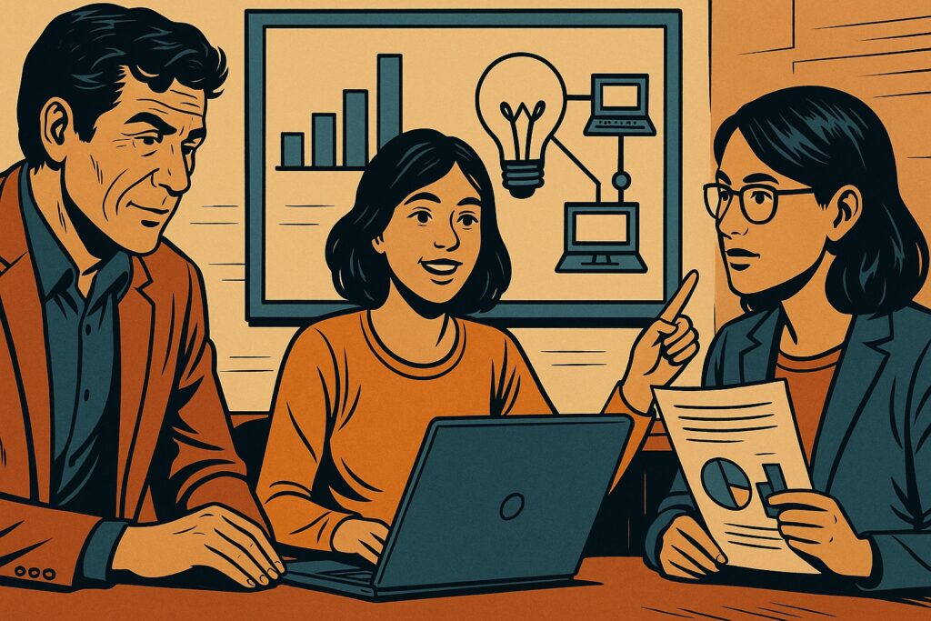 Illustrazione in stile fumetto di un imprenditore con occhiali che presenta un grafico con freccia crescente su una lavagna, a simboleggiare la crescita del business online