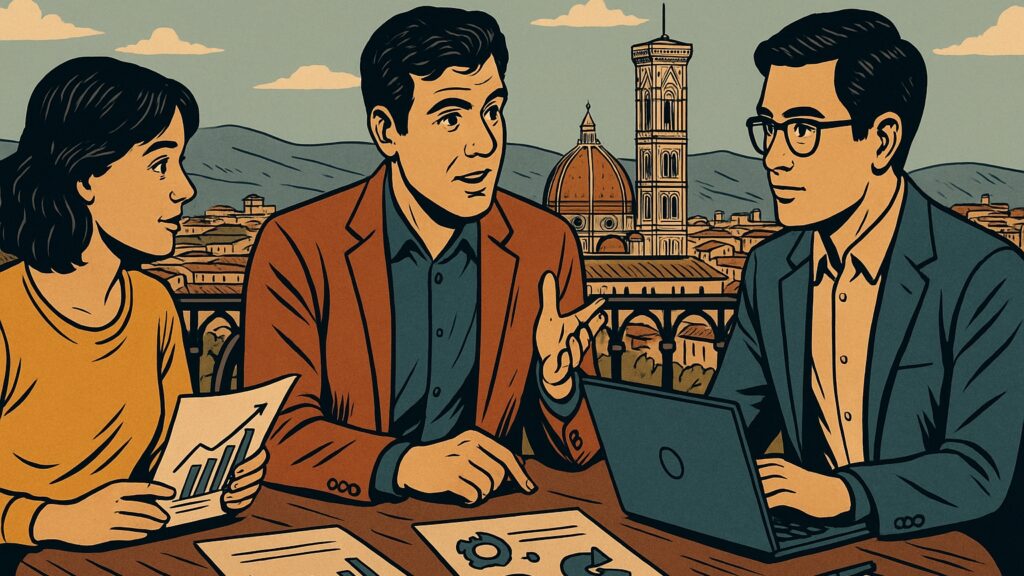 Illustrazione in stile fumetto: un consulente di marketing digitale conversa con due piccoli imprenditori mostrando grafici al tavolo, sullo sfondo il Duomo di Firenze