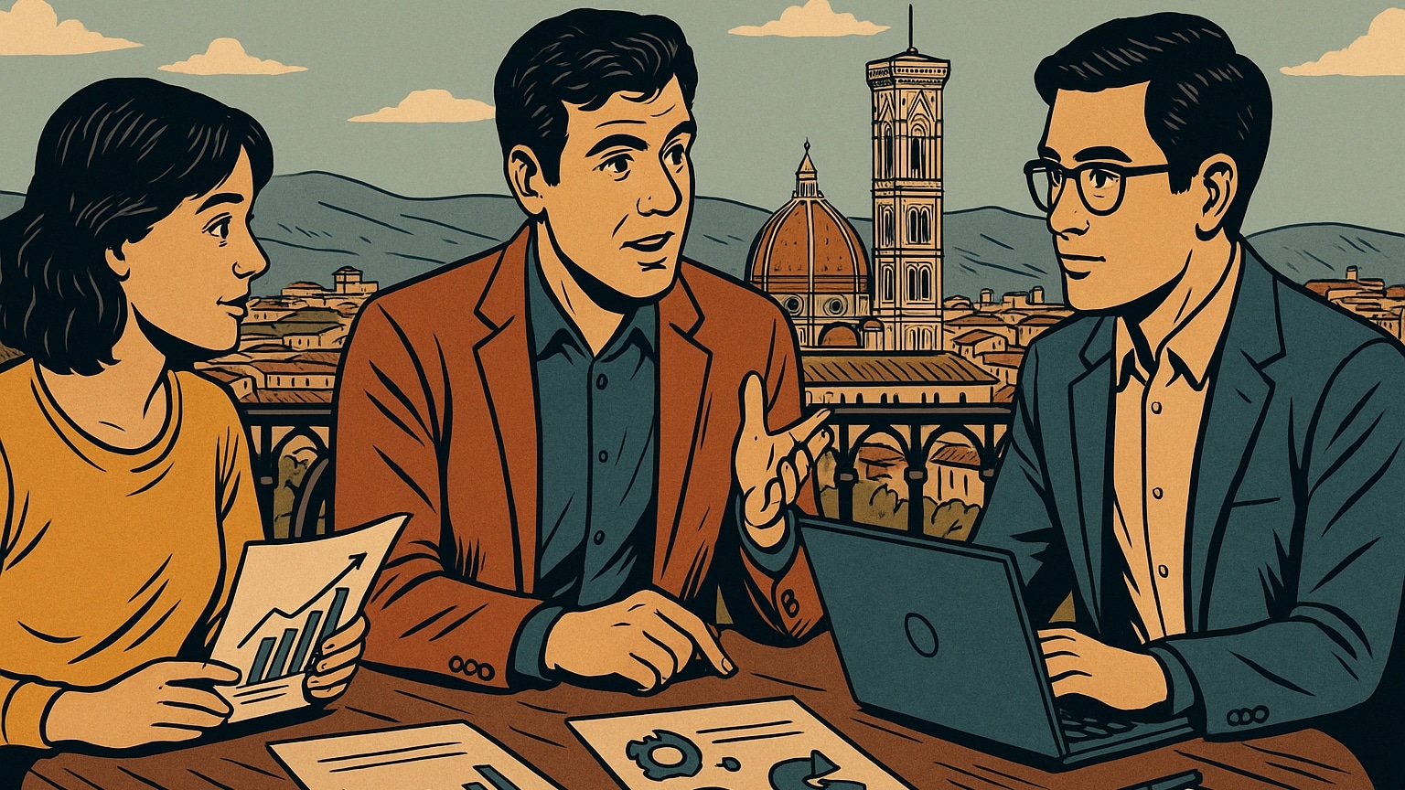 Illustrazione in stile fumetto: un consulente di marketing digitale conversa con due piccoli imprenditori mostrando grafici al tavolo, sullo sfondo il Duomo di Firenze