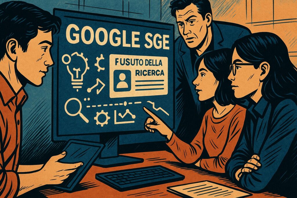 Illustrazione digitale in stile fumetto italiano con un team marketing che analizza la ricerca generativa di Google SGE su un grande schermo.