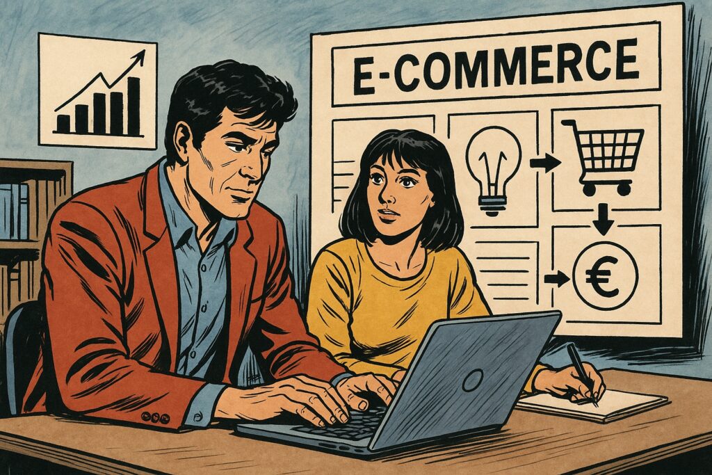 Illustrazione in stile fumetto italiano che mostra quattro professionisti digitali in un ambiente moderno, impegnati tra AI, e-commerce, dati e contenuti, simbolo dell’innovazione marketing nelle PMI nel 2026.