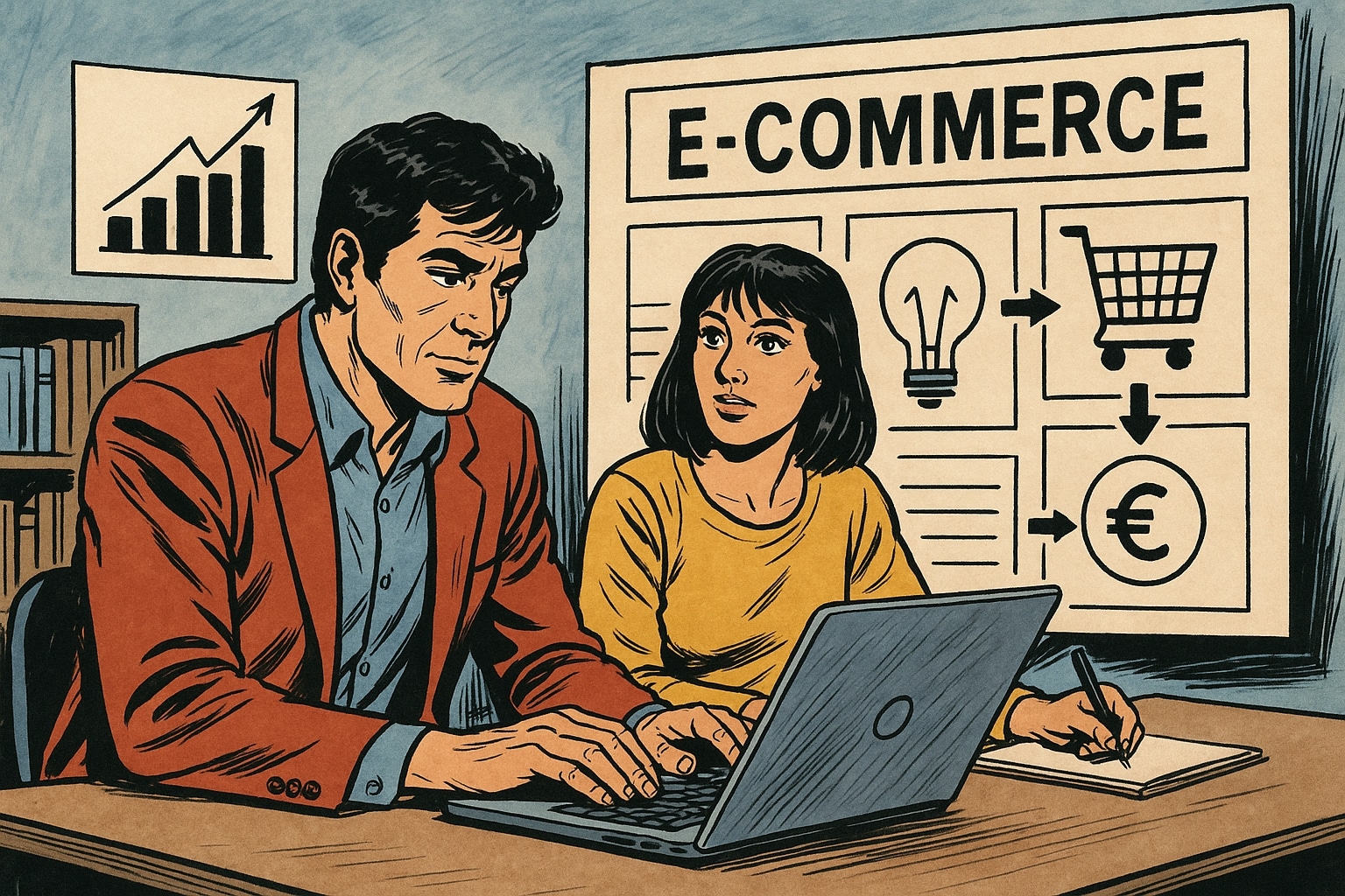 Illustrazione in stile fumetto italiano che mostra quattro professionisti digitali in un ambiente moderno, impegnati tra AI, e-commerce, dati e contenuti, simbolo dell’innovazione marketing nelle PMI nel 2026.