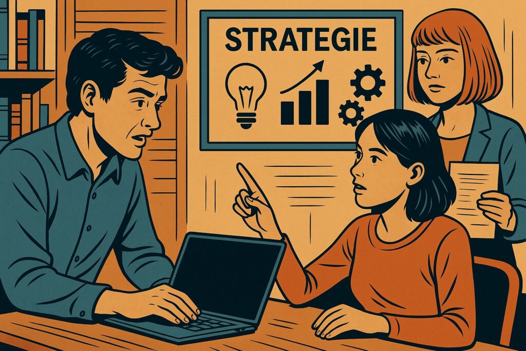 Tre professionisti discutono strategie organiche in un ufficio, con simboli di crescita sullo sfondo