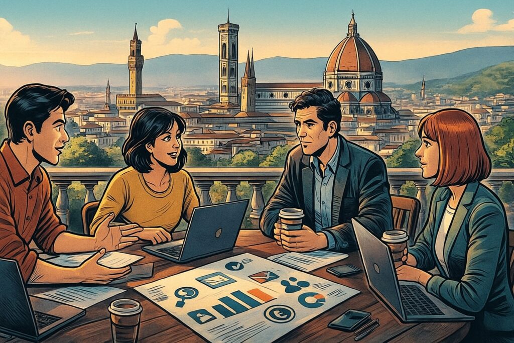 Professionisti discutono strumenti digitali gratuiti per il marketing su una terrazza a Firenze, con Duomo sullo sfondo
