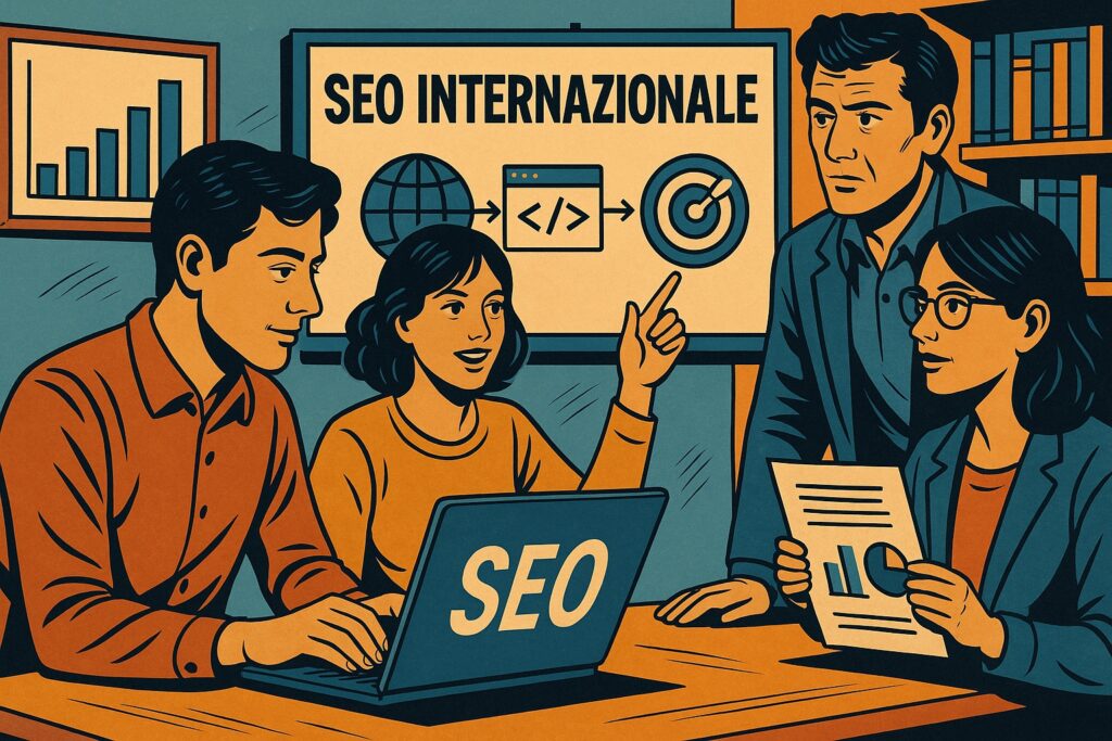 Illustrazione in stile fumetto italiano con imprenditori e consulenti SEO che analizzano strategie di posizionamento per i mercati esteri su una mappa globale.