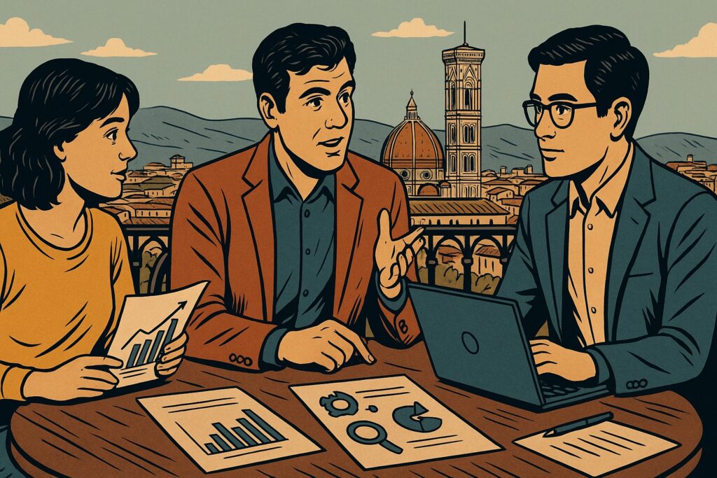 Illustrazione in stile fumetto di un team di una piccola impresa che pianifica strategie di marketing digitale a Firenze