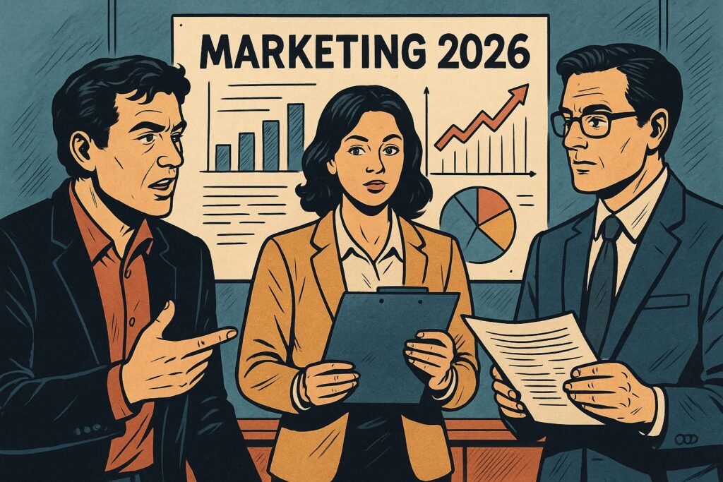 Illustrazione in stile fumetto italiano con un gruppo di esperti digitali davanti a pannelli di dati, schermi AI e riferimenti a privacy, targeting e contenuti predittivi.