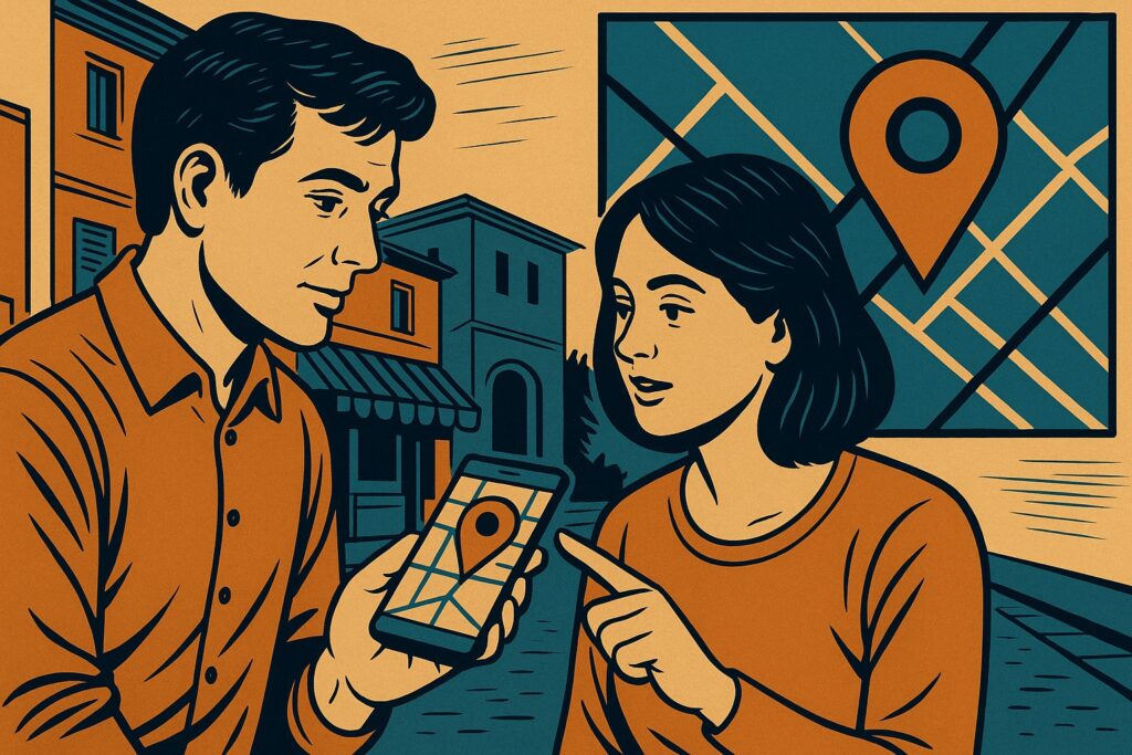 Due persone guardano una mappa sullo smartphone per trovare un’attività locale
