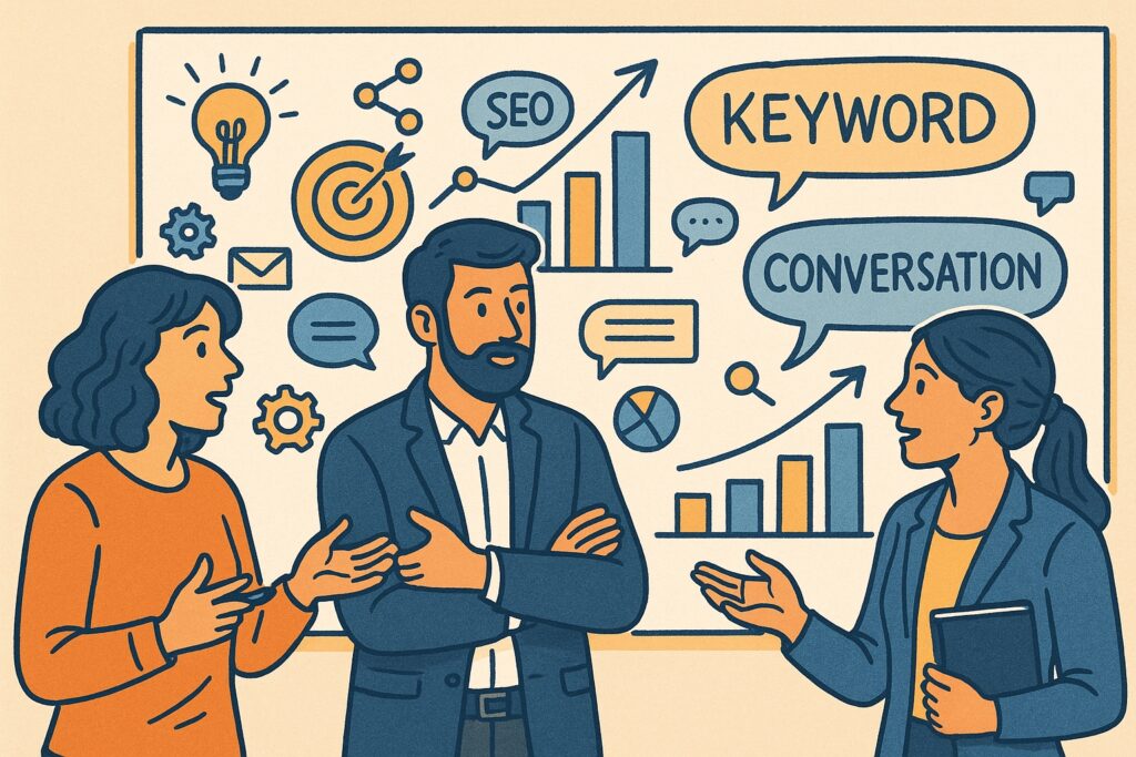 Tre professionisti discutono davanti a una lavagna con grafici, keyword e conversation in stile fumetto