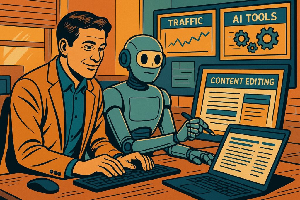 Consulente SEO lavora con un assistente robotico AI davanti a più schermi con dati, contenuti e strumenti SEO, in stile fumetto italiano widescreen