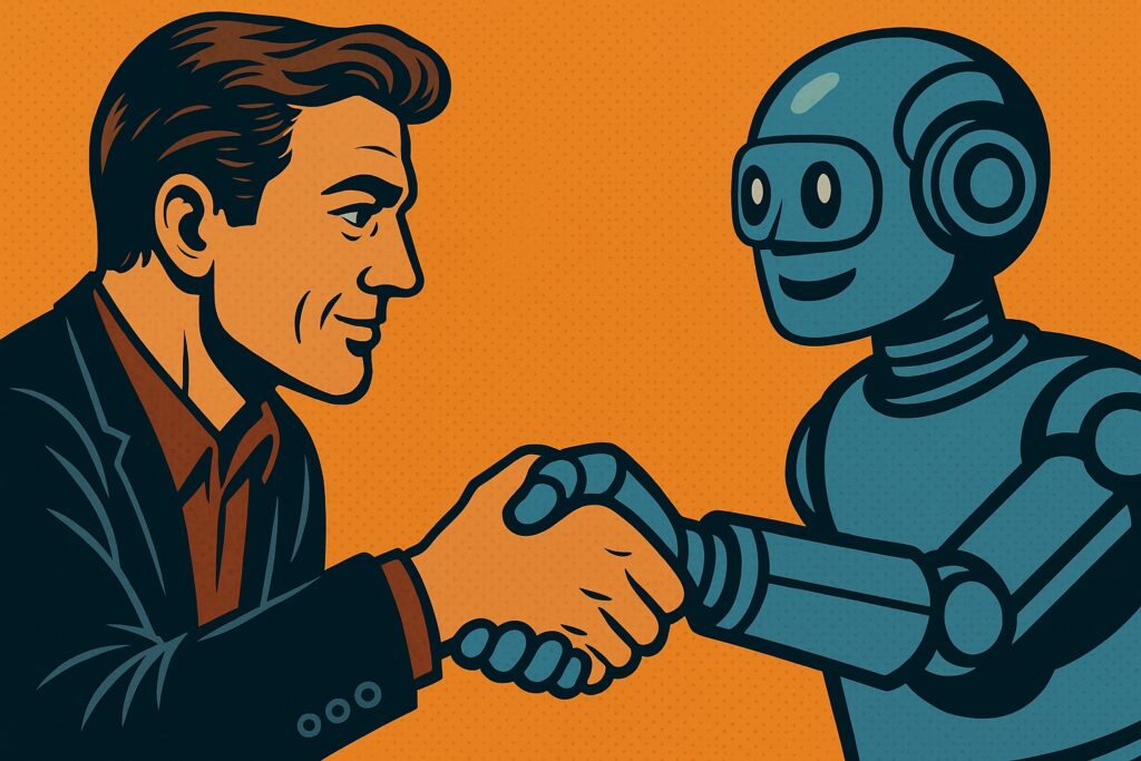 Illustrazione in stile fumetto di una mano umana che stringe la mano di un robot, a simboleggiare fiducia e collaborazione tra aziende e intelligenza artificiale
