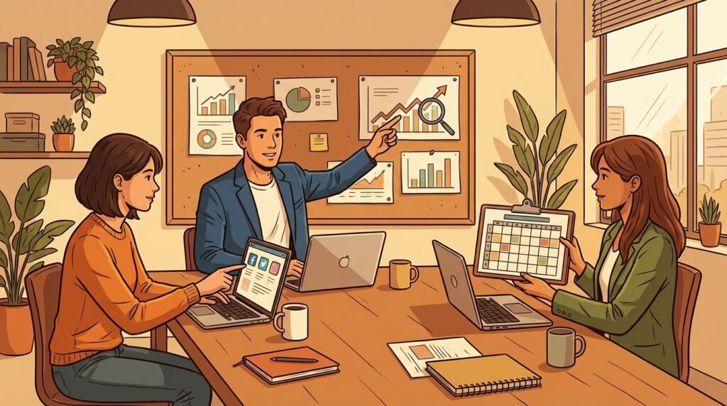 Illustrazione fumettistica di un team di marketing con laptop e grafici (strategia SEO, social e contenuti)