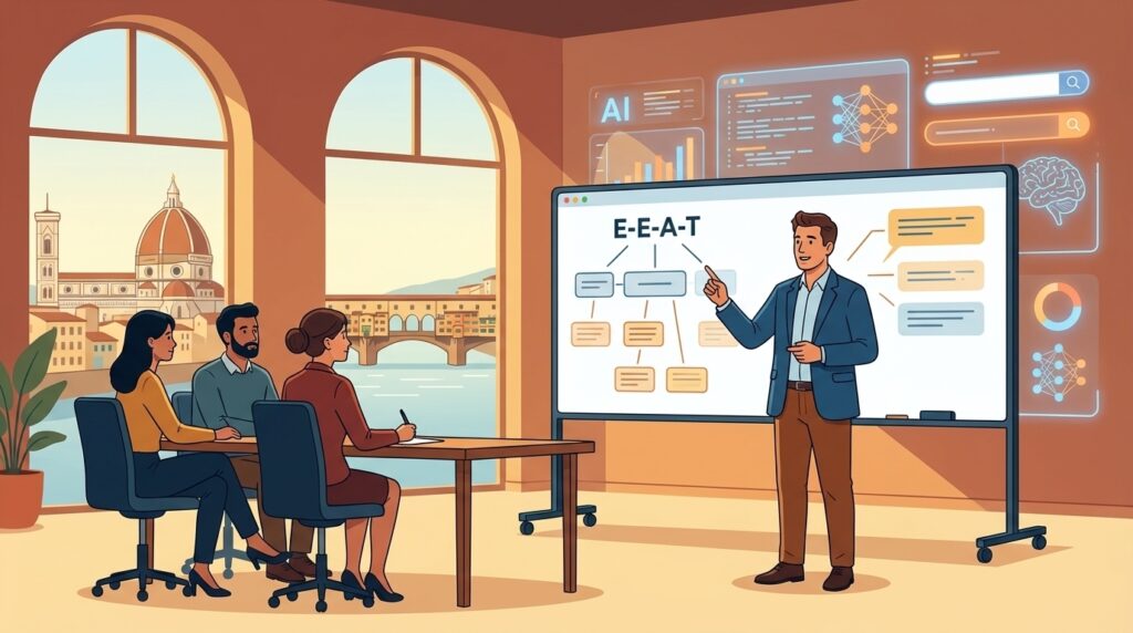 Un consulente digitale mostra uno schema E‑E‑A‑T a un team, con elementi AI in sfondo, in stile fumetto