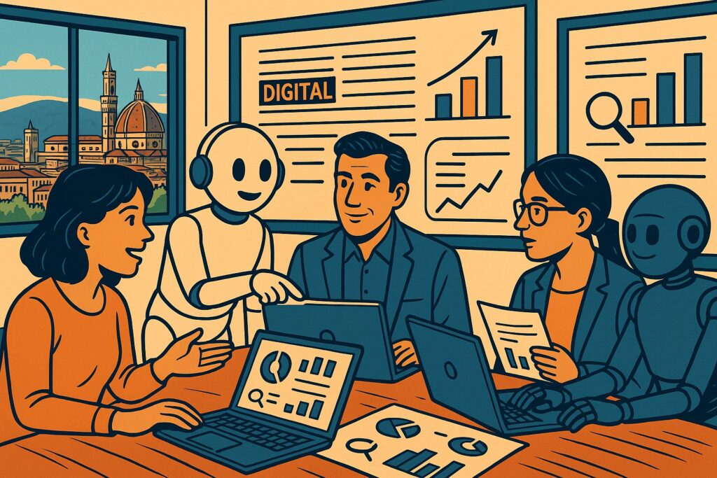 Illustrazione fumetto widescreen: esperto e robot AI lavorano insieme su contenuti web ottimizzati