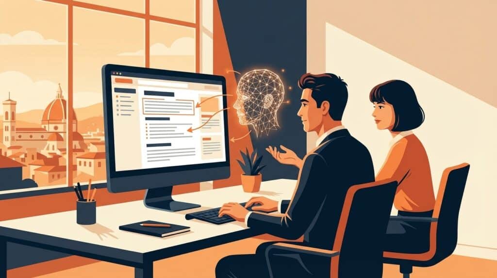 Due professionisti digitali analizzano contenuti su uno schermo mentre un assistente AI mostra suggerimenti in una nuvola visiva