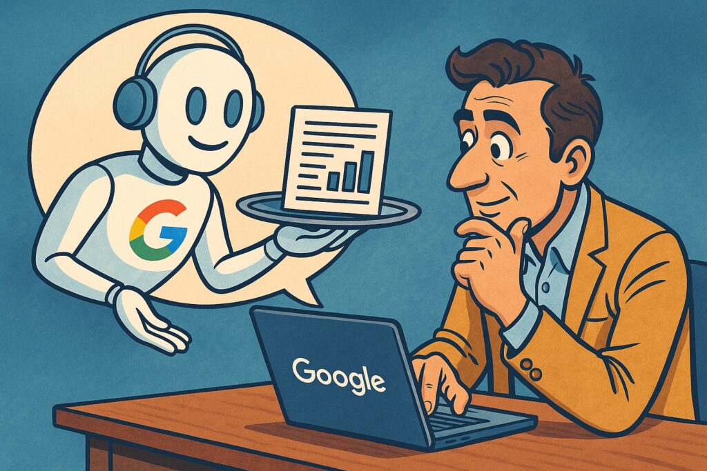 Illustrazione in stile fumetto che mostra Google come un assistente AI che offre consigli a un imprenditore di una PMI davanti al computer