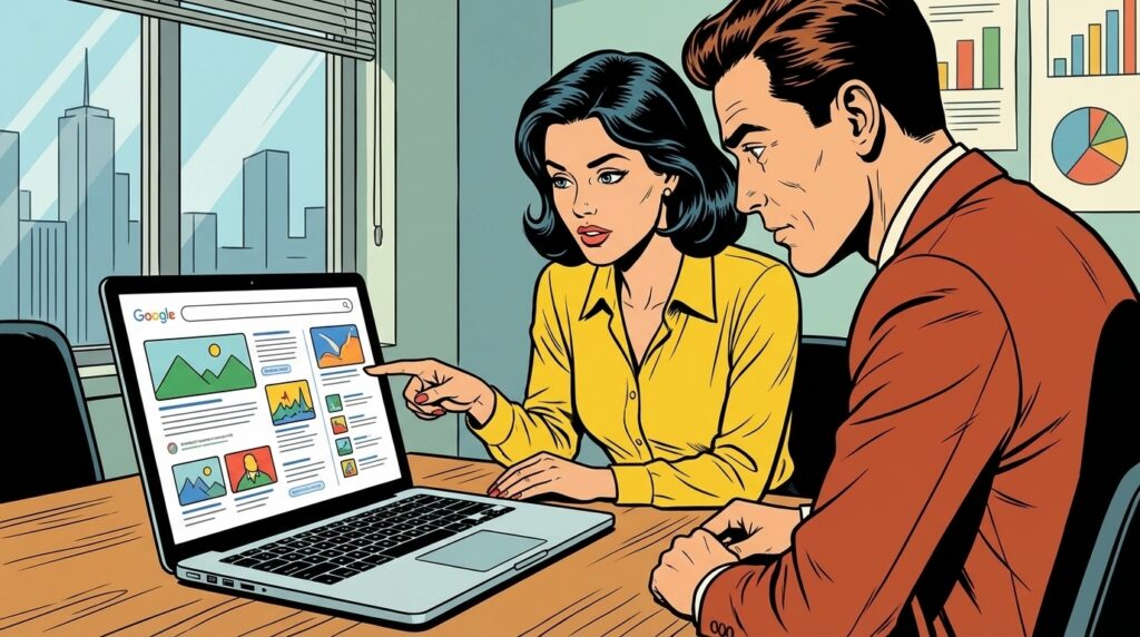 Due consulenti esaminano una SERP di Google con una risposta generativa AI sullo schermo